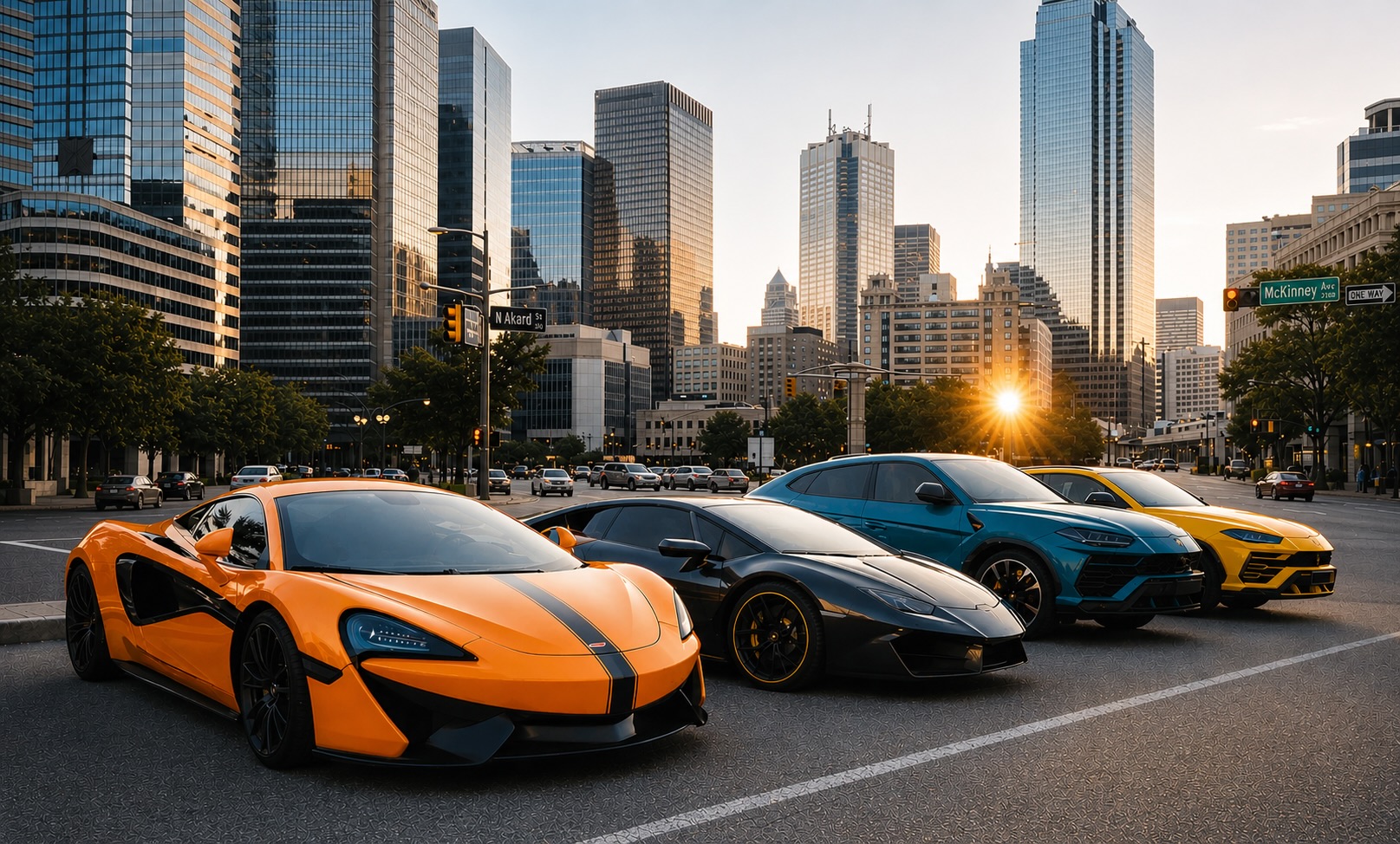 Exotic car rental fleet in Dallas featuring luxury and supercar options from Platinum Motorcars